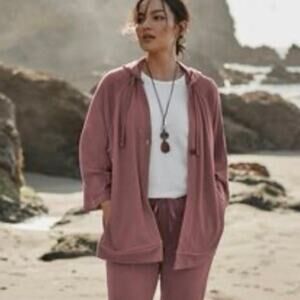 J Jill Pure Jill Organic Cotton Hooded Lounge Top Jacket Size XS Mauve Oversized